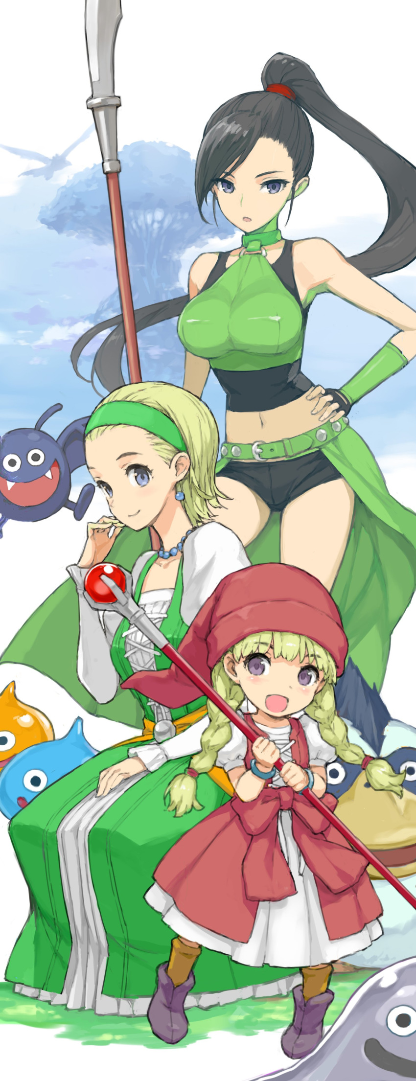 3girls :d absurdres asymmetrical_bangs bangs black_footwear black_hair black_shirt black_shorts blonde_hair blue_eyes boots bracelet braid closed_mouth dragon_quest dragon_quest_xi drakee dress earrings eyebrows_visible_through_hair fingerless_gloves gloves green_dress green_gloves green_hairband green_shirt hair_tie hairband halterneck hand_on_hip hat highres holding holding_polearm holding_staff holding_weapon jewelry juliet_sleeves long_dress long_sleeves martina_(dq11) medium_dress micro_shorts midriff morisawa_haruyuki multiple_girls navel necklace open_mouth orange_legwear parted_lips pearl_necklace polearm ponytail puffy_sleeves red_dress red_headwear senya_(dq11) shirt short_sleeves shorts simple_background sitting slime_(dragon_quest) smile socks staff standing tank_top tree twin_braids twintails veronica_(dq11) violet_eyes waist_cape weapon white_background