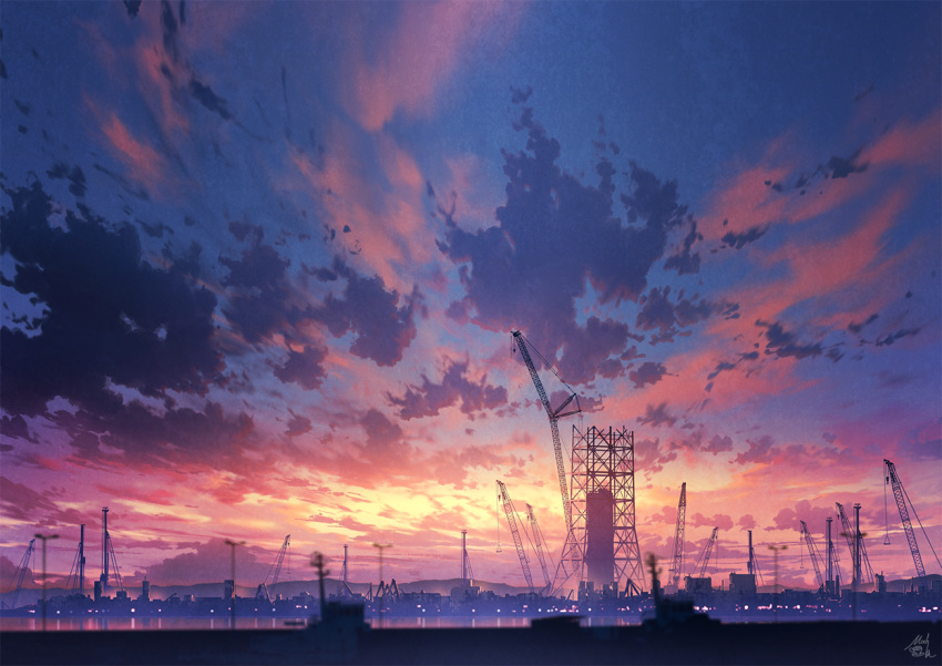 blue_sky blurry blurry_foreground cityscape clouds cloudy_sky commentary_request crane_(machine) depth_of_field gradient_sky mocha_(cotton) no_humans original river scaffolding scenery signature sky sunset water yellow_sky