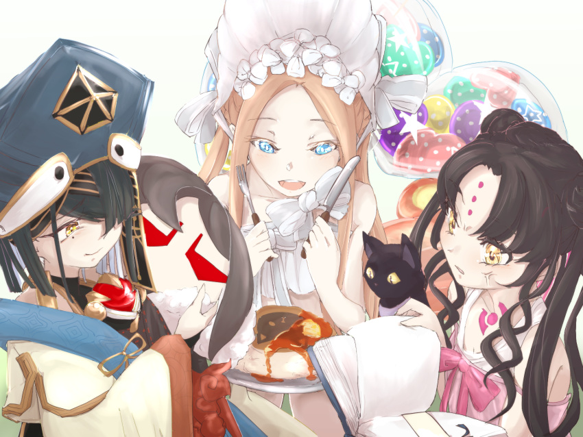 3girls abigail_williams_(fate/grand_order) abigail_williams_(swimsuit_foreigner)_(fate) anger_vein bangs bare_shoulders bikini black_cat black_hair blonde_hair blue_eyes blue_headwear blush bonnet bow breasts bridal_gauntlets brown_eyes cat chest_tattoo chinese_clothes consort_yu_(fate) curry doll double_bun dress_swimsuit enginate facial_mark fate/grand_order fate_(series) food forehead forehead_mark fork hair_bow hair_ornament hair_over_one_eye hairpin hat highres holding holding_doll innertube knife long_hair long_sleeves mole mole_under_eye multiple_girls open_mouth orb parted_bangs pink_swimsuit sesshouin_kiara sesshouin_kiara_(lily) short_hair sidelocks small_breasts smile swimsuit tattoo twintails very_long_hair wavy_hair white_bikini white_bow white_headwear white_robe wide_sleeves xu_fu_(fate) yellow_eyes