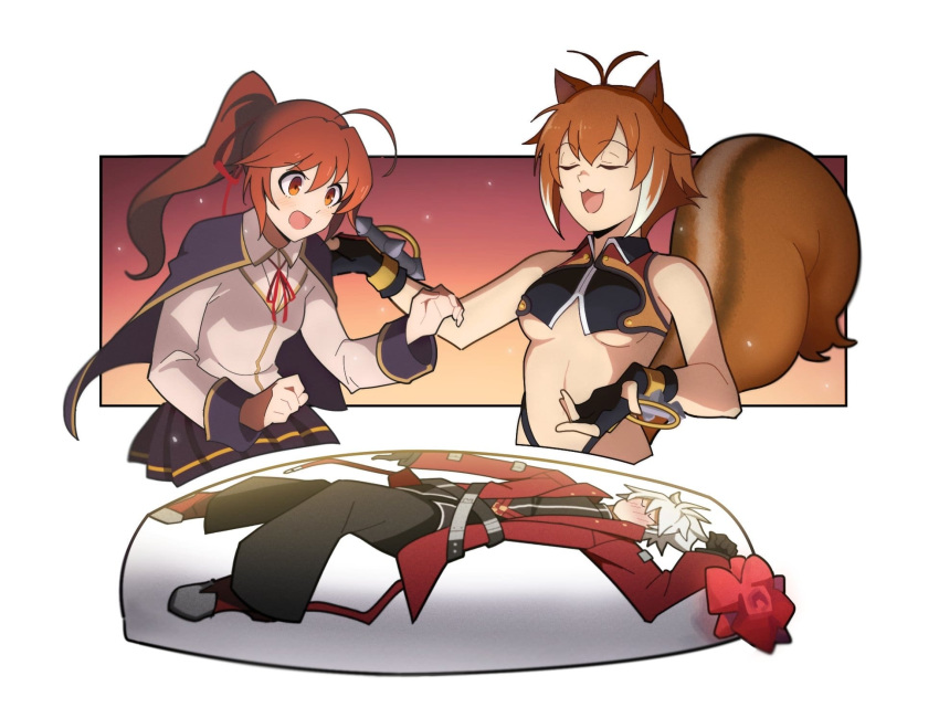 animal_ears birthday blazblue blush body_pillow breasts brown_hair cape celica_a_mercury frip gift gloves hair_ornament highres makoto_nanaya open_mouth ponytail presenting ragna_the_bloodedge ribbon short_hair skirt squirrel_ears squirrel_girl squirrel_tail tail under_boob