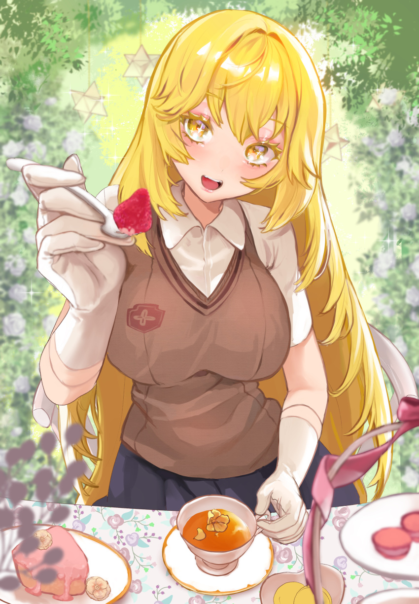 1girl :d absurdres bangs blonde_hair blue_skirt blush brown_vest cake cup elbow_gloves feeding floral_background flower food fork fruit gloves head_tilt highres holding holding_cup holding_fork incoming_food long_hair looking_at_viewer open_mouth outdoors pleated_skirt pov pov_across_table saise_chisa school_uniform shirt shokuhou_misaki short_sleeves sidelocks sitting skirt smile solo strawberry table teacup to_aru_kagaku_no_railgun to_aru_majutsu_no_index tokiwadai_school_uniform vest white_gloves white_shirt yellow_eyes