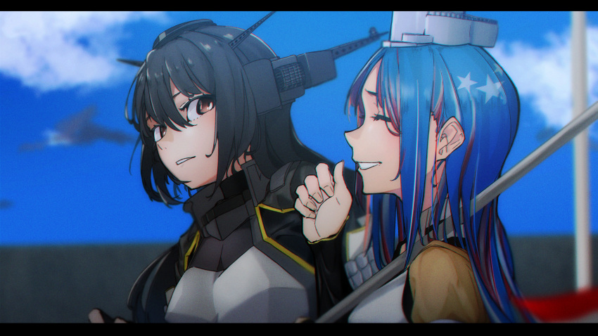 2girls absurdres black_gloves black_hair blue_hair blue_sky blurry brown_eyes brown_jacket closed_eyes clouds commentary_request depth_of_field gloves headgear highres huge_filesize jacket kan6e_ver kantai_collection long_hair multicolored_hair multiple_girls nagato_(kantai_collection) parted_lips pole redhead remodel_(kantai_collection) sky smile south_dakota_(kantai_collection) star_(symbol) upper_body white_hair