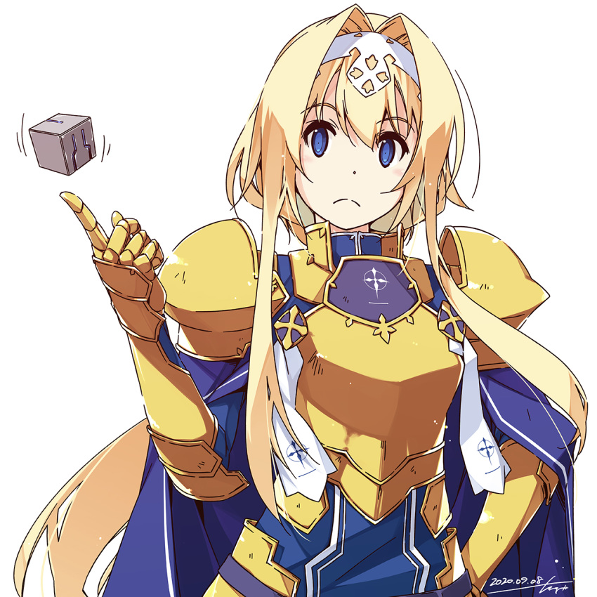 1girl alice_schuberg armor bangs blonde_hair blue_cape blue_dress blue_eyes blush breastplate cape closed_mouth commentary_request dated dot_nose dress frown hair_intakes hairband hand_on_hip hand_up highres index_finger_raised looking_at_viewer pauldrons shikei short_hair_with_long_locks shoulder_armor sidelocks signature simple_background solo sword_art_online upper_body white_background