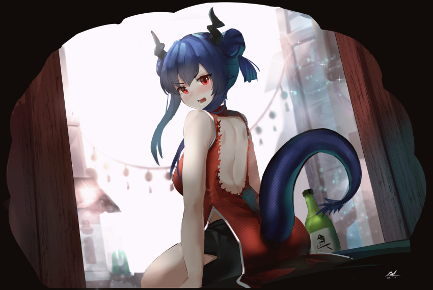 2girls absurdres arknights ass backless_dress backless_outfit bangs bare_arms bare_shoulders blue_hair breasts ch'en_(arknights) china_dress chinese_clothes commentary double_bun dragon_horns dragon_tail dress highres horns hoshiguma_(arknights) long_hair looking_at_viewer medium_breasts multiple_girls nvl open_mouth red_dress red_eyes sleeveless sleeveless_dress tail v-shaped_eyebrows
