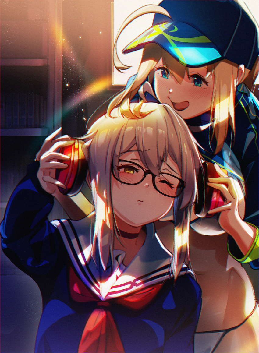 2girls ahoge artoria_pendragon_(all) baseball_cap bikini black-framed_eyewear blonde_hair blue_eyes blue_jacket blue_scarf blush braid eyebrows_visible_through_hair fate/grand_order fate_(series) glasses hair_between_eyes hat headphones highres huge_filesize jacket long_hair looking_at_another multiple_girls mysterious_heroine_x mysterious_heroine_x_(alter) mysterious_heroine_xx_(foreigner) ponytail scarf school_uniform suppa_(hagakuresuppa) swimsuit white_bikini yellow_eyes