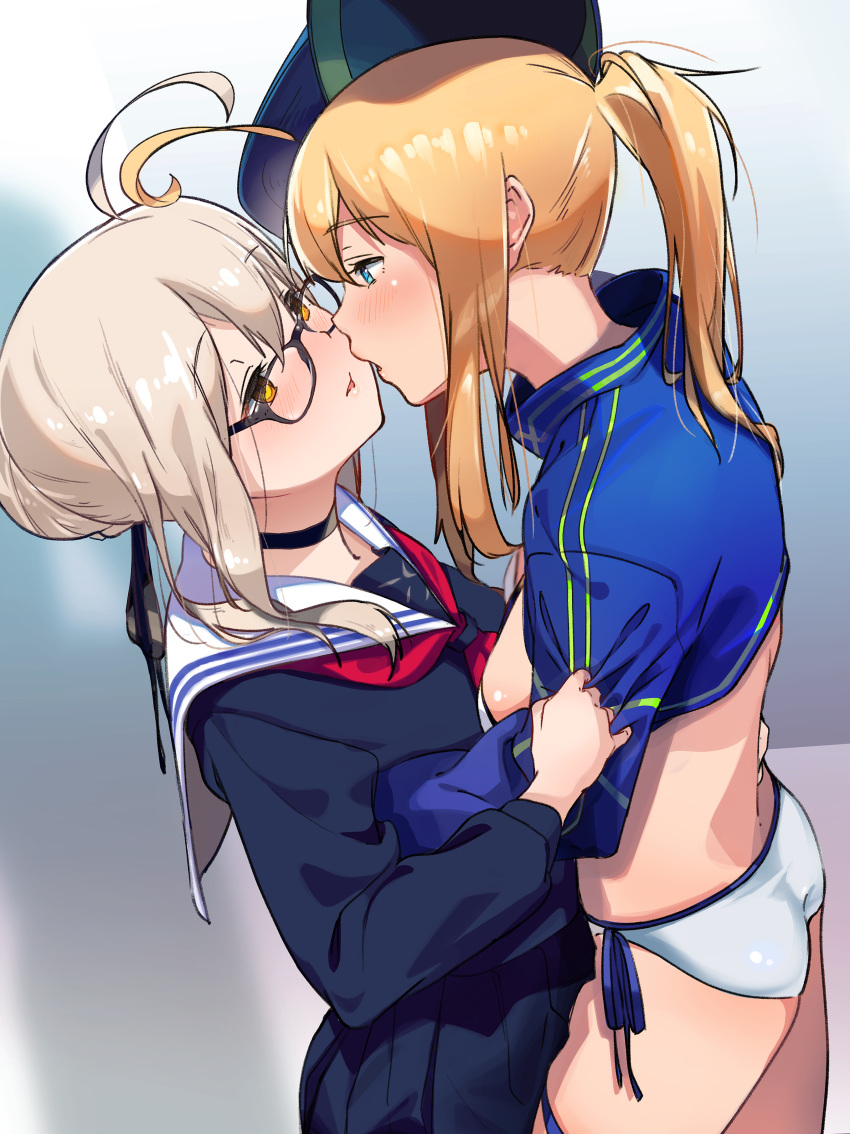 2girls absurdres ahoge artoria_pendragon_(all) bangs baseball_cap bikini black-framed_eyewear blonde_hair blue_eyes blue_jacket blue_scarf blush eyebrows_visible_through_hair fate/grand_order fate_(series) glasses hair_between_eyes hat highres holding jacket long_hair looking_at_viewer multiple_girls mysterious_heroine_x mysterious_heroine_x_(alter) mysterious_heroine_xx_(foreigner) ponytail scarf school_uniform suppa_(hagakuresuppa) swimsuit white_bikini yellow_eyes yuri