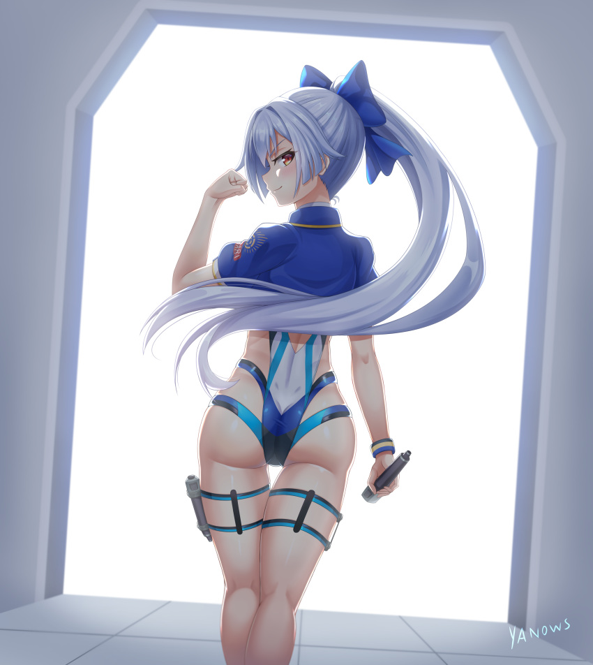 1girl absurdres ass blue_bow blue_jacket blue_swimsuit bow fate/grand_order fate_(series) from_behind hair_bow highleg highleg_swimsuit highres jacket long_hair looking_back multicolored multicolored_clothes multicolored_swimsuit one-piece_swimsuit ponytail red_eyes short_sleeves silver_hair smile solo standing swimsuit tomoe_gozen_(swimsuit_saber)_(fate) two-tone_swimsuit white_swimsuit yanows