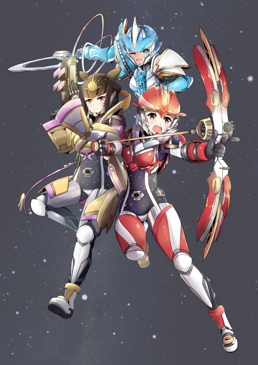 3girls absurdres armor blue_eyes bow bow_(weapon) breastplate fang full_body gun helmet highres holding holding_bow_(weapon) holding_gun holding_weapon mecha_musume multiple_girls one_eye_closed open_mouth original personification red_eyes serious sky smile star_(sky) starry_sky starry_sky_print sudhiro_sappurisa teeth weapon yellow_eyes