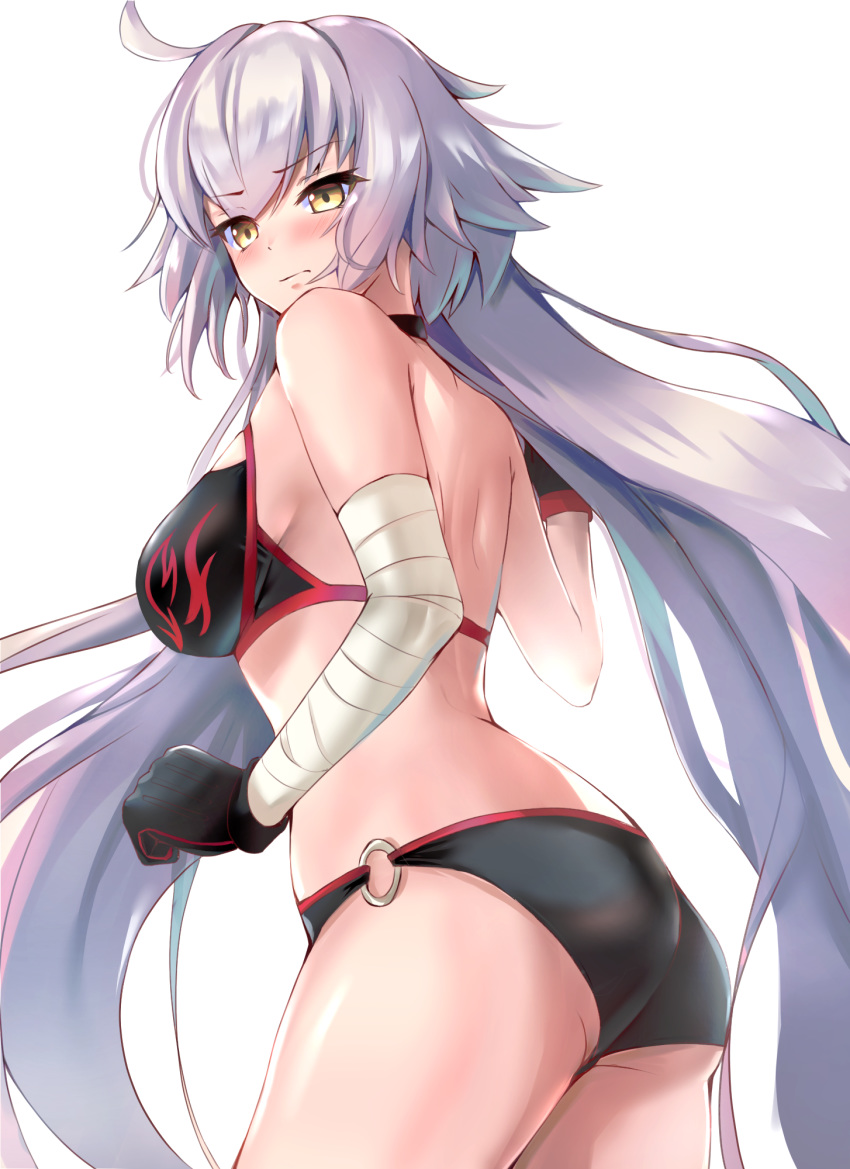 1girl ahoge ass bikini black_bikini blush breasts choker fate/grand_order fate_(series) highres jeanne_d'arc_(alter_swimsuit_berserker) jeanne_d'arc_(fate)_(all) long_hair looking_at_viewer silver_hair simple_background smile swimsuit very_long_hair white_background yahan_(mctr5253) yellow_eyes