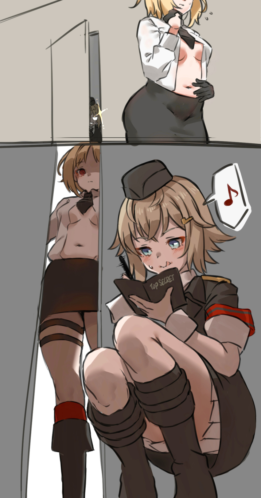 2girls :q black_headwear black_skirt blonde_hair blue_eyes breasts closed_mouth eighth_note garrison_cap girls_frontline hat highres holding holding_pencil licking_lips medium_breasts military military_hat military_uniform mp40_(girls'_frontline) mp41_(girls'_frontline) multiple_girls musical_note navel notebook open_clothes open_shirt pencil red_eyes shaded_face shirt short_hair skirt smile speech_bubble spoken_musical_note squatting sweatdrop thigh_strap tongue tongue_out toryu_fufu uniform wehrmacht white_shirt writing