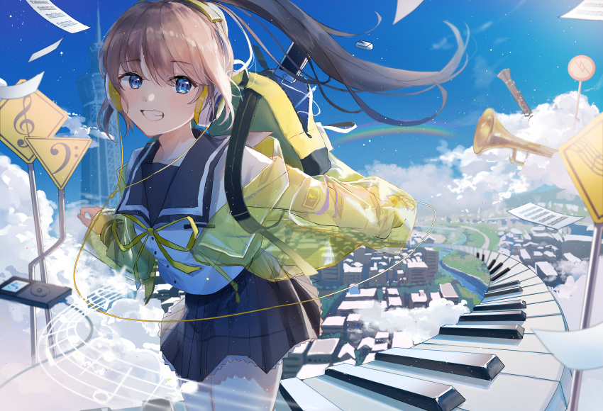 1girl absurdres backpack bag bass_clef bassoon black_skirt blue_eyes blue_sky brown_hair day digital_media_player eighth_note half_note high_ponytail highres huge_filesize instrument jacket looking_at_viewer musical_note natural_sign original outdoors oyuyu paper piano_keys ponytail quarter_note rainbow road_sign school_uniform serafuku sheet_music sign skirt sky smile standing tower treble_clef trumpet