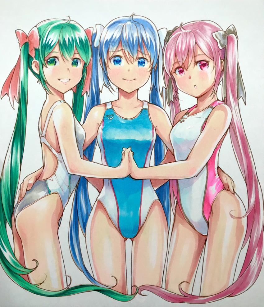 3girls :d :o alternate_eye_color alternate_hair_color backless_swimsuit bare_arms black_bow blue_eyes blue_hair blue_swimsuit blush bow breasts closed_mouth commentary competition_swimsuit cowboy_shot girl_sandwich green_eyes green_hair grey_background grey_swimsuit hair_bow hand_on_another's_hip hatsune_miku highres holding_hands interlocked_fingers long_hair looking_at_viewer mayo_riyo multiple_girls multiple_persona one-piece_swimsuit open_mouth pink_eyes pink_hair pink_swimsuit red_bow sakura_miku sandwiched sidelocks small_breasts smile swimsuit twintails two-tone_swimsuit very_long_hair vocaloid white_bow white_swimsuit yuki_miku