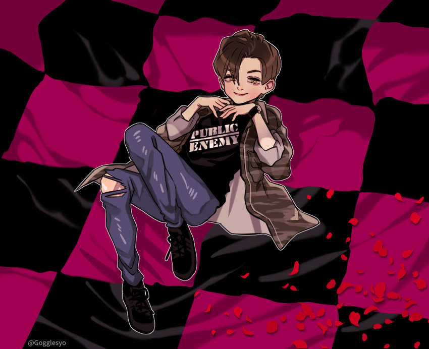 1boy brown_eyes brown_hair denim edward_furlong full_body gogglesyo jeans john_connor looking_at_viewer lying male_focus on_back pants petals shirt smile solo terminator terminator_2:_judgment_day torn_clothes torn_jeans torn_pants twitter_username watch watch