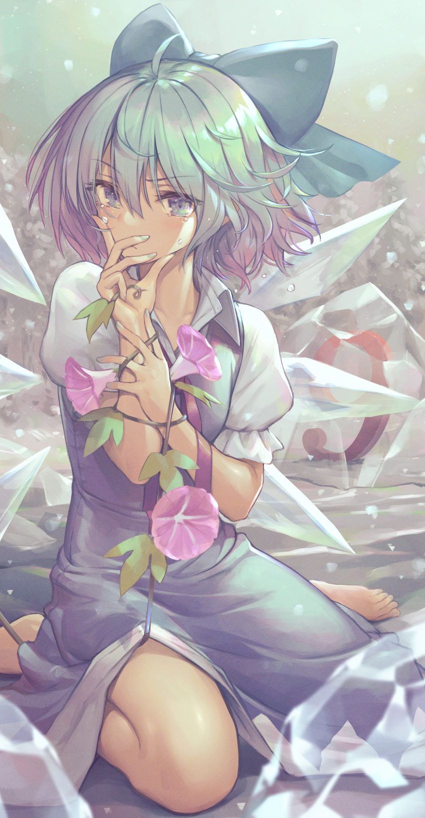 1girl absurdres ahoge barefoot blue_bow blue_dress blue_eyes blue_hair blue_nails bow cirno covering covering_mouth dress flower gradient_hair hair_bow highres ice ice_wings kurobuta_gekkan looking_at_viewer morning_glory multicolored_hair nail_polish pink_flower pink_hair plant puffy_short_sleeves puffy_sleeves shirt short_hair short_sleeves sitting sleeveless sleeveless_dress solo tanned_cirno tears touhou vines white_shirt wings
