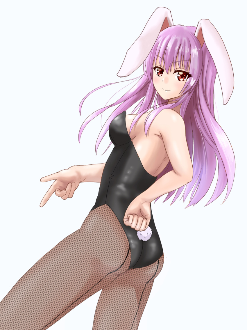 1girl absurdres animal_ears bangs black_leotard breasts bunny_girl bunny_tail bunnysuit eyebrows_visible_through_hair fishnet_legwear fishnets floating_hair from_side hair_between_eyes hand_on_hip highres leotard long_hair looking_at_viewer medium_breasts mozuku_hermit pantyhose pink_hair rabbit_ears red_eyes reisen_udongein_inaba shiny shiny_hair sideboob simple_background solo standing strapless strapless_leotard tail touhou v-shaped_eyebrows very_long_hair white_background