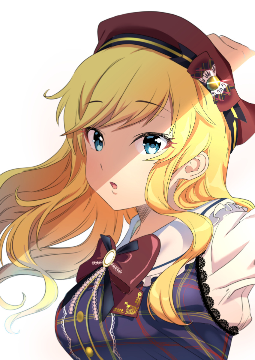 1girl :o absurdres bangs beret blonde_hair blue_eyes bow bowtie breasts commentary_request dress eyebrows_visible_through_hair floating_hair from_side hand_on_headwear hat hat_bow highres idolmaster idolmaster_cinderella_girls lace lace-trimmed_dress long_hair long_sleeves looking_at_viewer medium_breasts ootsuki_yui open_mouth psycho_(psycho12412087) red_bow red_headwear red_neckwear ribbon sidelocks solo upper_body