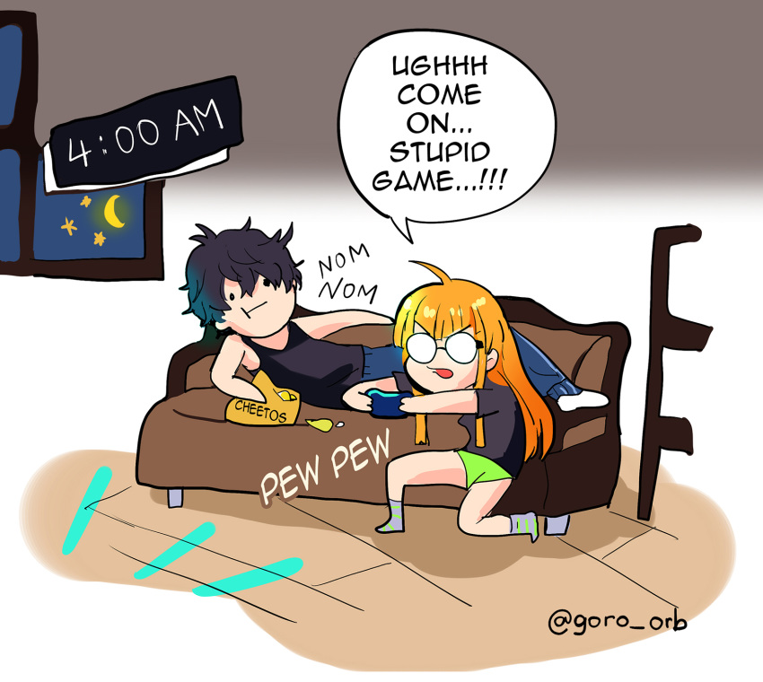 1girl :t amamiya_ren cheetos chibi commentary couch couple eating english_commentary english_text glasses goro_orb green_shorts hetero highres night on_couch one_knee opaque_glasses persona persona_5 playing_games round_eyewear sakura_futaba shirt shorts socks speech_bubble t-shirt