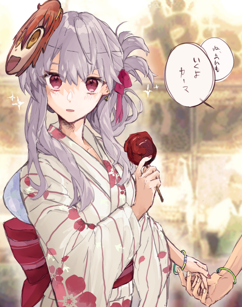 1girl absurdres bracelet candy_apple earrings fate/grand_order fate_(series) food fujimaru_ritsuka_(female) hair_ribbon highres holding_hands japanese_clothes jewelry kama_(fate/grand_order) kimono konsento long_hair mask mask_on_head ribbon riyo_(lyomsnpmp)_(style) silver_hair summer_festival yukata