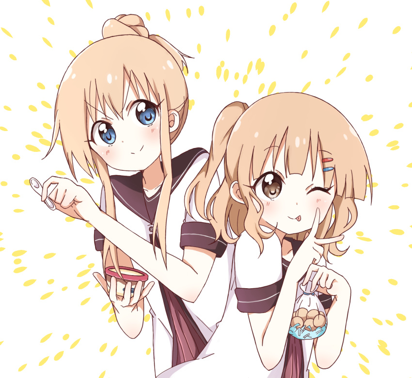 2girls ;q alternate_hairstyle bag bangs blue_eyes blush brown_eyes brown_sailor_collar closed_mouth commentary_request cookie dress eyebrows_visible_through_hair food hair_ornament hairclip highres holding holding_bag holding_food holding_spoon ice_cream ice_cream_spoon long_hair looking_at_viewer mesushio multiple_girls nanamori_school_uniform one_eye_closed oomuro_sakurako rum_raisin sailor_collar sailor_dress school_uniform serafuku side_ponytail smile spoon standing tongue tongue_out toshinou_kyouko upper_body v wavy_hair yuru_yuri