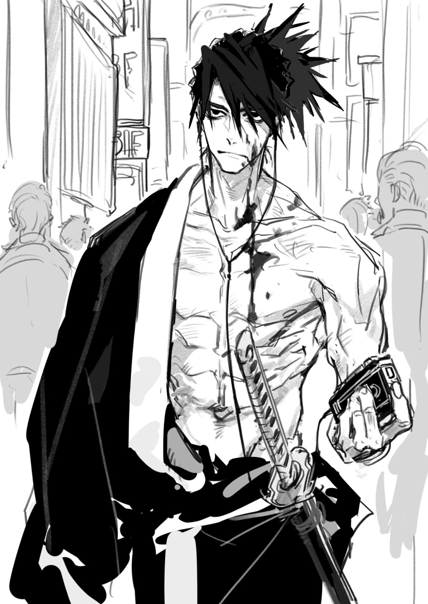 1boy 4others abs bangs bare_chest bare_shoulders blood blood_on_face cassette_player closed_mouth collarbone earphones earphones greyscale hair_between_eyes highres holding japanese_clothes katana katana_zero kimono male_focus monochrome multiple_others navel ogata_tomio ponytail scabbard sheath sheathed short_hair sketch solo_focus stomach sword toned toned_male weapon zero_(katana_zero)