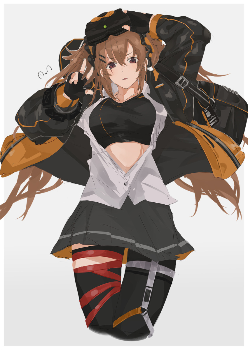 1girl black_gloves black_jacket black_legwear black_tank_top breasts brown_eyes brown_hair eyebrows_visible_through_hair fingerless_gloves girls_frontline gloves grey_background grey_skirt hair_ornament hand_on_head headphones highres jacket long_hair looking_at_viewer open_clothes open_mouth open_shirt shirt skirt solo standing sutekina_awa tank_top thigh-highs ump9_(girls_frontline) white_shirt