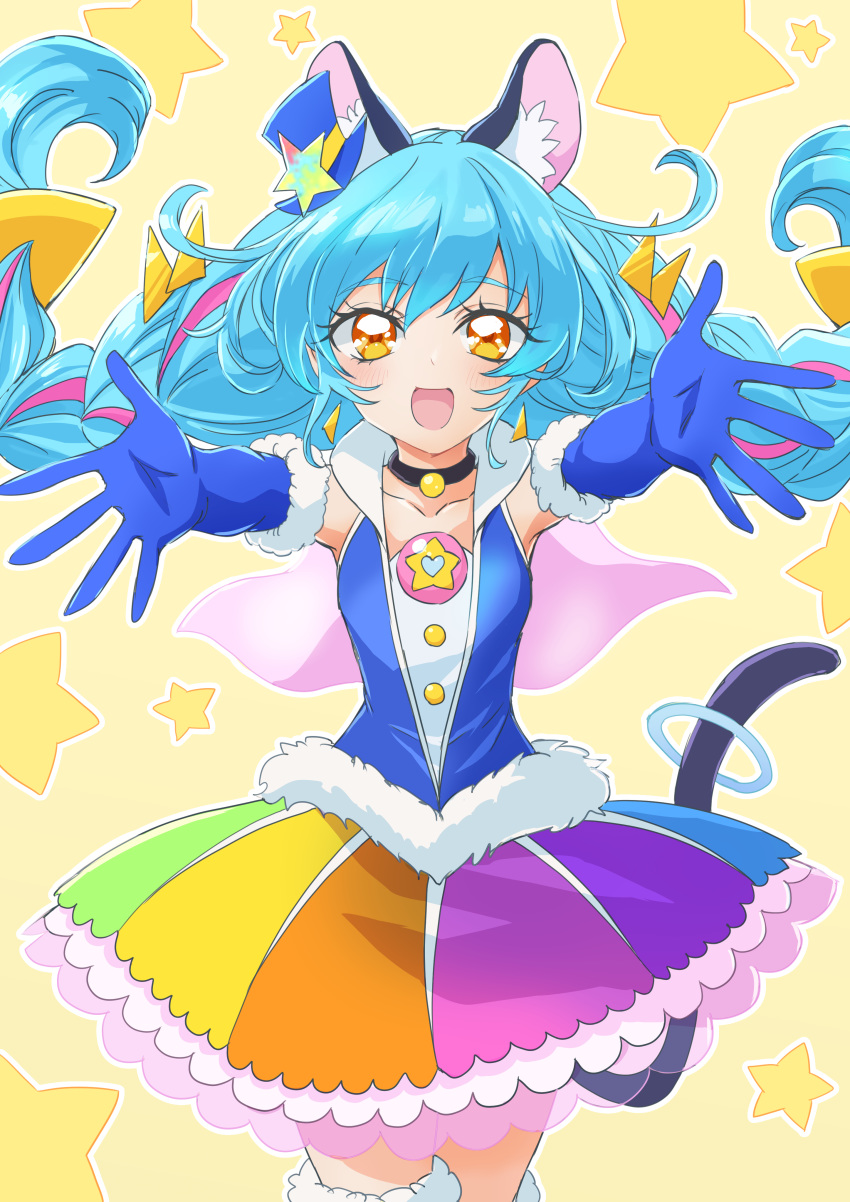 1girl :d absurdres animal_ear_fluff animal_ears bangs black_choker blue_gloves blue_hair blue_headwear blue_jacket cat_ears cat_tail choker collarbone cowboy_shot cure_cosmo elbow_gloves floating_hair fur-trimmed_gloves fur-trimmed_legwear fur_trim gloves hair_between_eyes hat hat_ornament highlights highres jacket layered_skirt long_hair mini_hat miniskirt multicolored multicolored_clothes multicolored_hair multicolored_skirt open_mouth outstretched_arms pleated_skirt precure reaching_out sharumon skirt sleeveless sleeveless_jacket smile solo standing star_(symbol) star_hat_ornament star_twinkle_precure tail thigh-highs very_long_hair yellow_eyes zettai_ryouiki