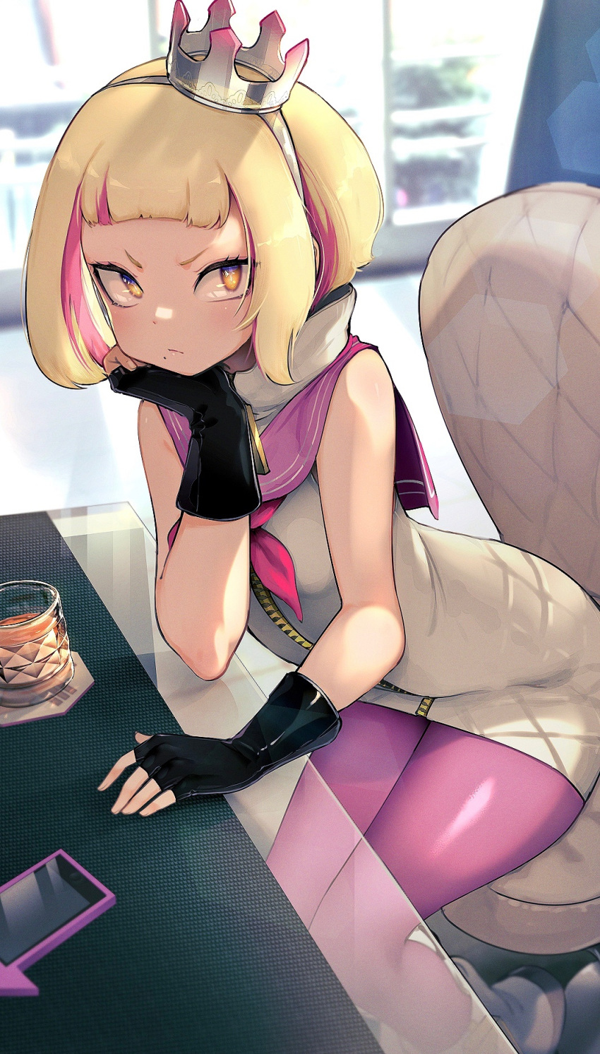 1girl bangs black_gloves blonde_hair cellphone chair chin_rest coaster commentary crown cup drinking_glass fingerless_gloves gloves headband highres hime_(splatoon) humanization kashu_(hizake) lens_flare looking_at_viewer mole mole_under_mouth pantyhose phone sailor_collar short_hair sitting sleeveless smartphone solo splatoon_(series) splatoon_2 window yellow_eyes