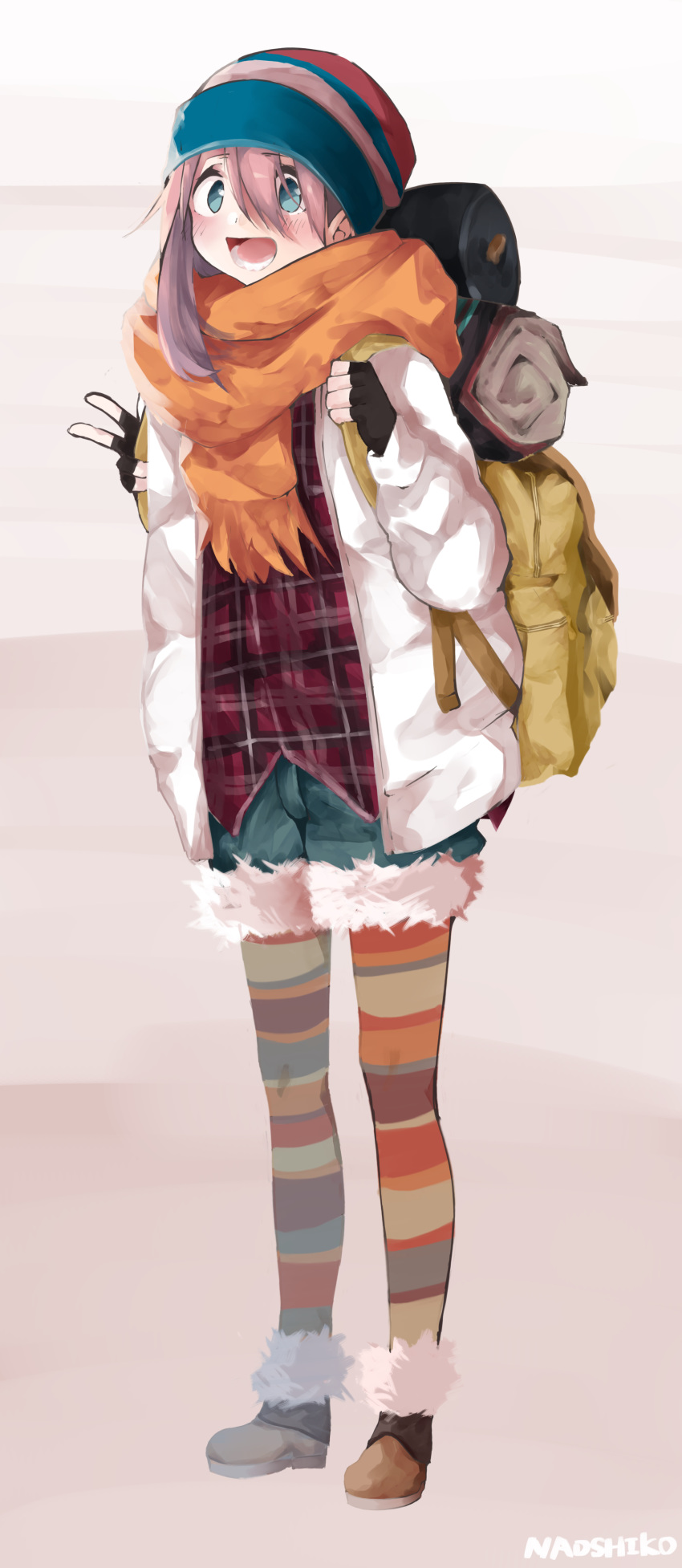 1girl :d absurdres backpack bag blue_eyes commentary fingerless_gloves full_body fur_trim gloves hat highres jacket kagamihara_nadeshiko leadin_the_sky open_mouth pink_hair plaid plaid_shirt scarf shirt short_shorts shorts simple_background smile solo striped striped_legwear v yurucamp