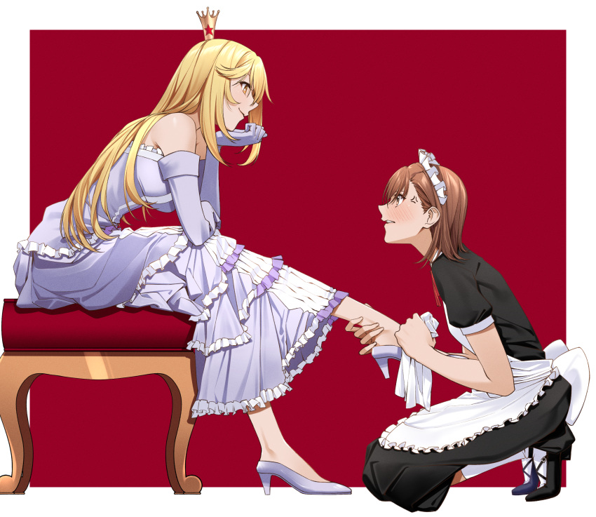 2girls absurdres alternate_costume anger_vein angry apron bare_shoulders black_dress black_footwear blonde_hair blush border breasts brown_eyes brown_hair chin_rest cloth crown dress elbow_gloves enmaided eye_contact frilled_apron frilled_dress frills from_side full_body gloves grey_dress grey_footwear grey_gloves high_heels highres holding_another's_foot kneehighs layered_dress leaning_forward leg_up long_hair looking_at_another maid maid_headdress medium_breasts misaka_mikoto multiple_girls outside_border parted_lips polishing_shoes profile puffy_short_sleeves puffy_sleeves red_background shokuhou_misaki short_hair short_sleeves simple_background sitting sleeveless sleeveless_dress smile smug soruna_(nell) star_(symbol) to_aru_kagaku_no_railgun to_aru_majutsu_no_index very_long_hair waist_apron white_apron white_border white_legwear