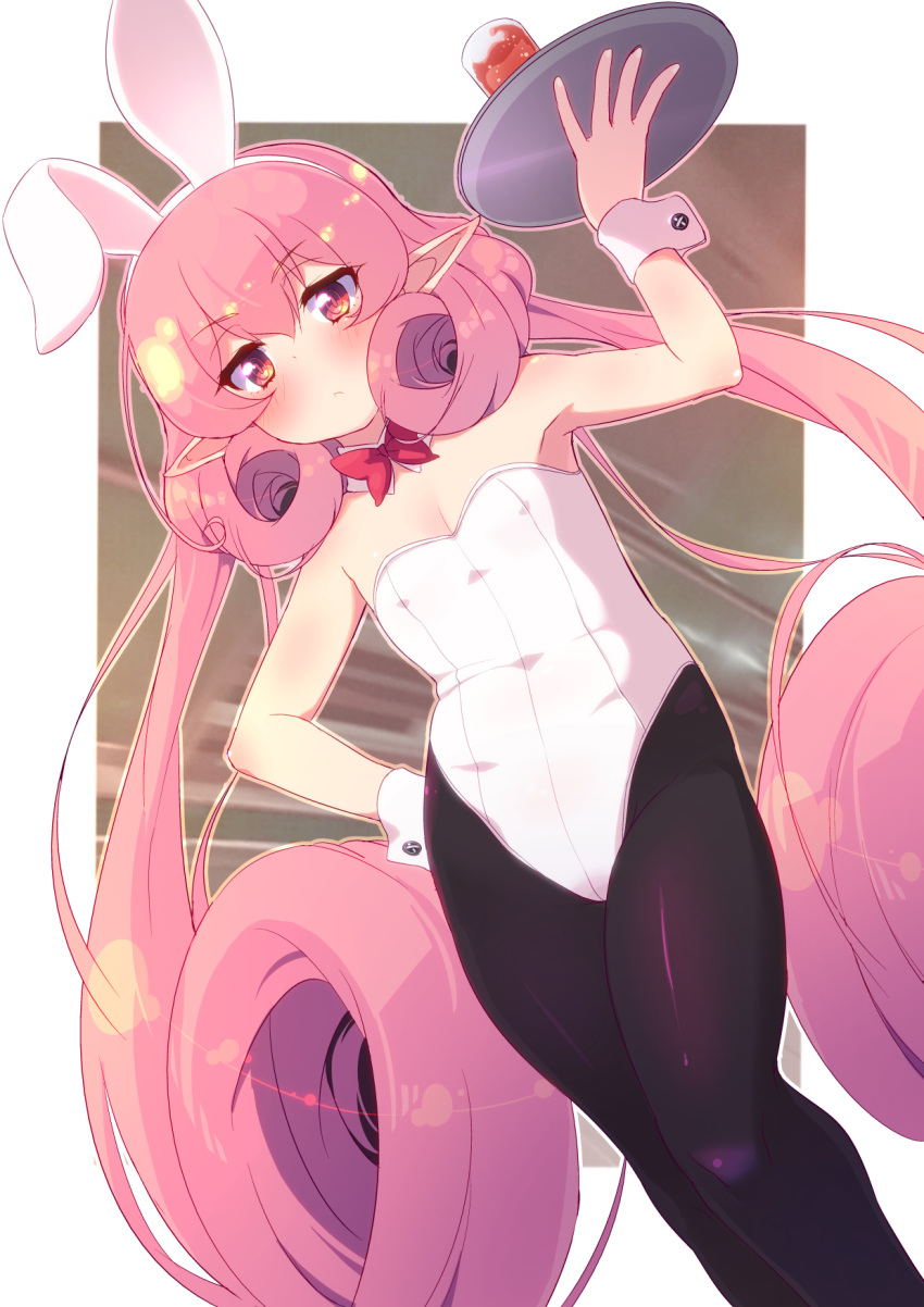 1girl animal_ears bangs bare_shoulders black_legwear bow bowtie bunny_girl bunnysuit covered_navel curly_hair detached_collar drink eyebrows_visible_through_hair fake_animal_ears flat_chest hand_on_hip highres leotard long_hair neneka_(princess_connect!) pantyhose pink_eyes pink_hair pointy_ears princess_connect! princess_connect!_re:dive rabbit_ears solo strapless strapless_leotard sw tray white_leotard wrist_cuffs