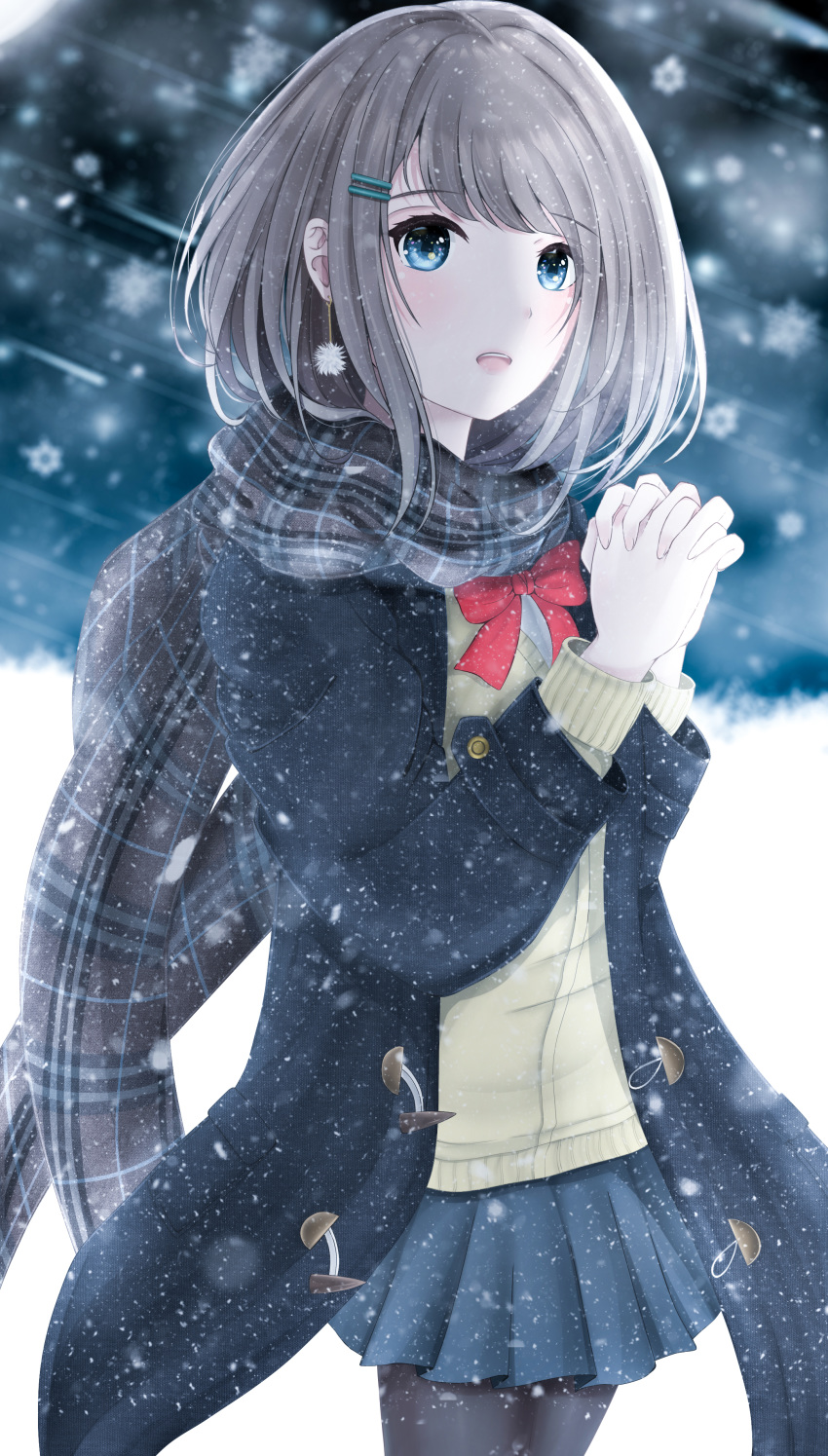 1girl :o absurdres black_legwear blue_eyes bow bracketarrow_(1326179361) day duffel_coat hair_ornament hairclip hands_together highres interlocked_fingers long_sleeves medium_hair original outdoors pantyhose plaid plaid_scarf red_bow scarf short_hair snowing uniform