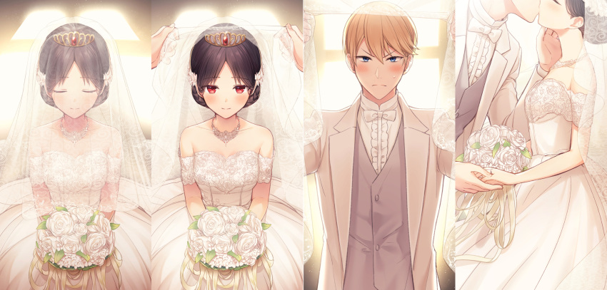 &gt;:( 1boy 1girl bangs bare_shoulders black_hair blonde_hair blue_eyes blush bouquet bow bowtie breasts bridal_veil bride closed_eyes closed_mouth collarbone commentary_request dress female_pov flower formal hair_ornament hetero highres holding holding_bouquet holding_hands jewelry juugonichi_(wheeliex2) kaguya-sama_wa_kokurasetai_~tensai-tachi_no_renai_zunousen~ kiss long_sleeves looking_at_viewer married medium_breasts off-shoulder_dress off_shoulder pov pov_hands red_eyes ring rose shinomiya_kaguya shirogane_miyuki shirt short_hair smile strapless strapless_dress suit sweatdrop tiara veil veil_lift very_short_hair wedding wedding_band wedding_dress white_dress white_flower white_rose