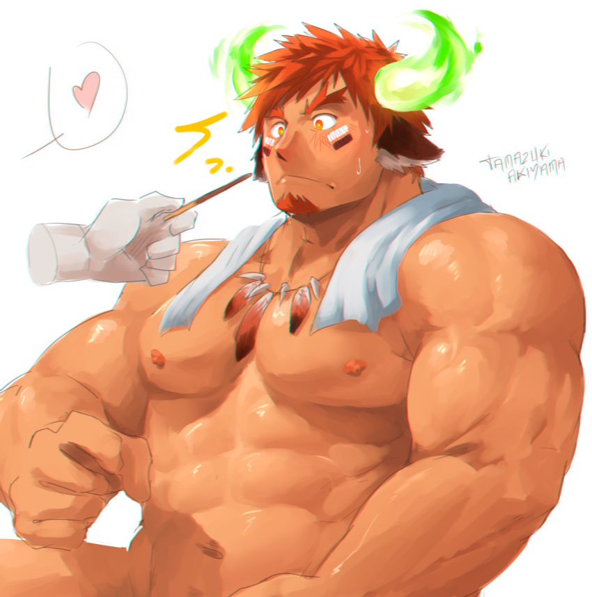 1boy 1other animal_ears bara blush brown_hair chest facial_hair food forked_eyebrows glowing_horns goatee highres horns male_focus manly muscle naked_towel pocky short_hair sketch tamazukiyama thick_eyebrows tokyo_houkago_summoners towel upper_body wakan_tanka white_background