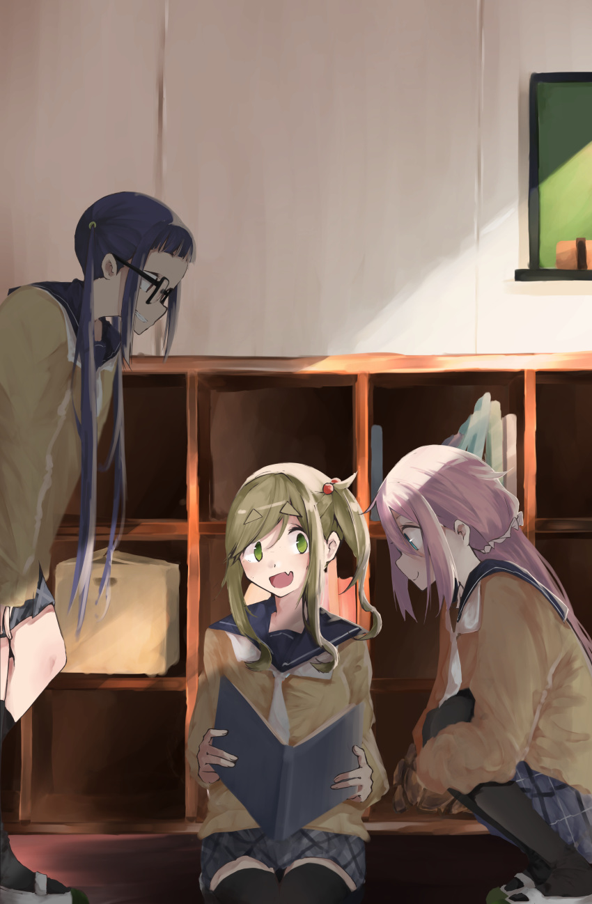 3girls :d absurdres black_legwear blonde_hair blue_eyes commentary eyebrows_visible_through_hair fang glasses green_eyes grin hair_bobbles hair_ornament highres holding indoors inuyama_aoi kagamihara_nadeshiko kneehighs leadin_the_sky long_hair multiple_girls on_floor oogaki_chiaki open_mouth pantyhose pink_hair purple_hair school_uniform scrunchie side_ponytail sitting skin_fang smile squatting thick_eyebrows thigh-highs twintails yurucamp