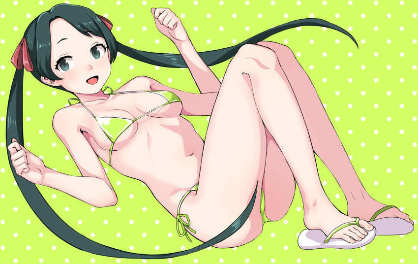 1girl :d bare_arms bare_legs bare_shoulders bikini black_eyes black_hair blush breasts collarbone eyebrows_visible_through_hair green_background green_bikini highres kantai_collection kumadano long_hair mikuma_(kantai_collection) navel open_mouth polka_dot polka_dot_background sandals small_breasts smile solo swimsuit toes twintails