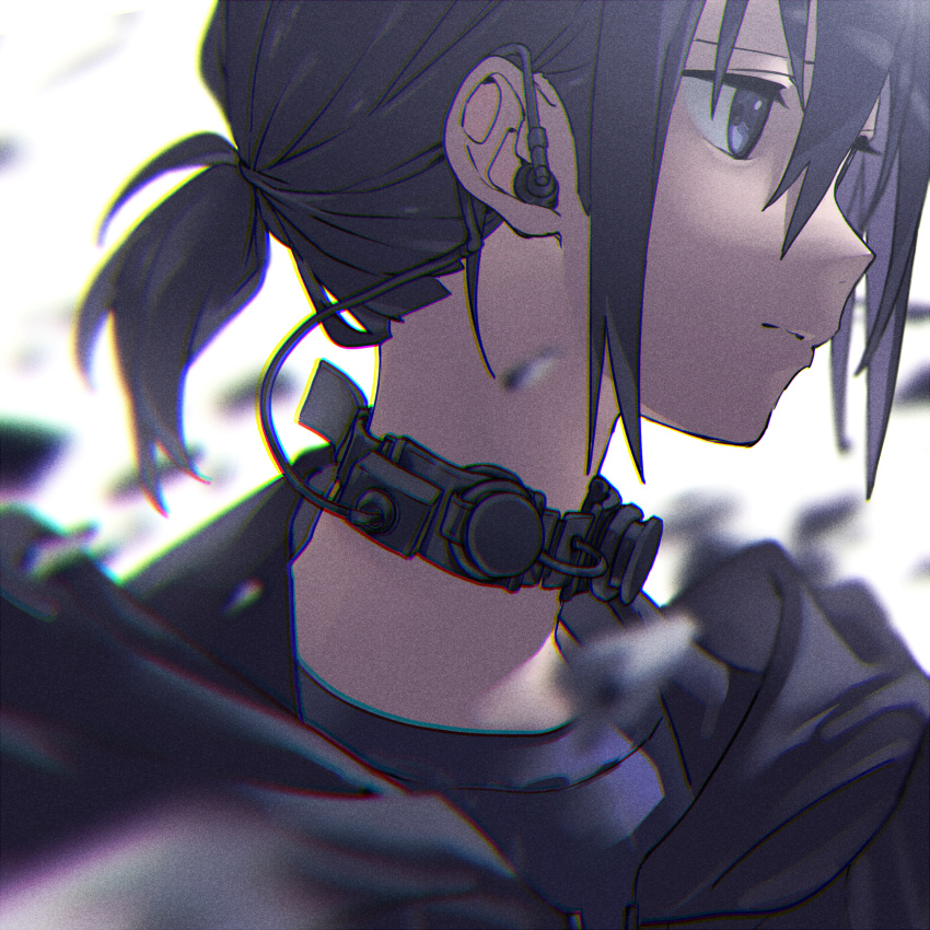 1girl absurdres black_eyes black_hair blurry cable choker closed_mouth commentary_request depth_of_field earphones english_commentary eyelashes highres light_oooo machinery mixed-language_commentary motion_blur original ponytail portrait profile shards solo white_background