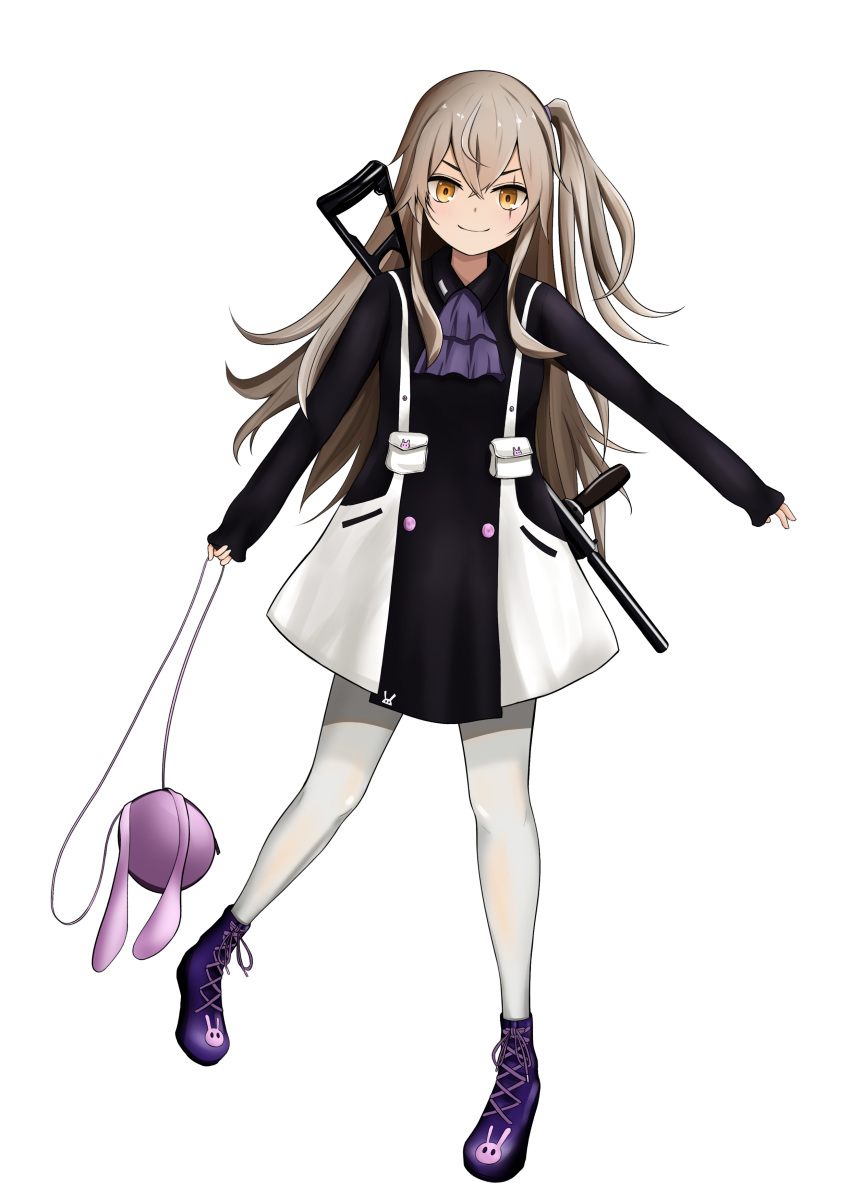 1girl absurdres bag black_dress boots brown_eyes brown_hair closed_mouth dress eyebrows_visible_through_hair girls_frontline gun h&amp;k_ump hair_ornament highres holding holding_bag long_hair looking_at_viewer pantyhose purple_footwear rifle_on_back scar scar_across_eye smile solo standing standing_on_one_leg submachine_gun swallow_zzy ump45_(girls_frontline) weapon weapon_on_back white_background white_legwear