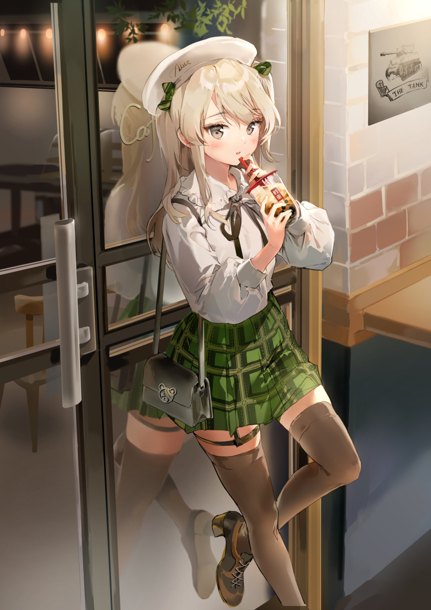 1girl absurdres against_door anmi bag beret black_legwear bow brown_eyes bubble_tea commentary_request cup disposable_cup drinking_straw girls_und_panzer green_bow green_skirt hair_ornament hat highres holding long_hair long_sleeves looking_at_viewer plaid plaid_skirt ribbon shimada_arisu shirt shoes skirt solo standing standing_on_one_leg thigh-highs white_shirt zettai_ryouiki