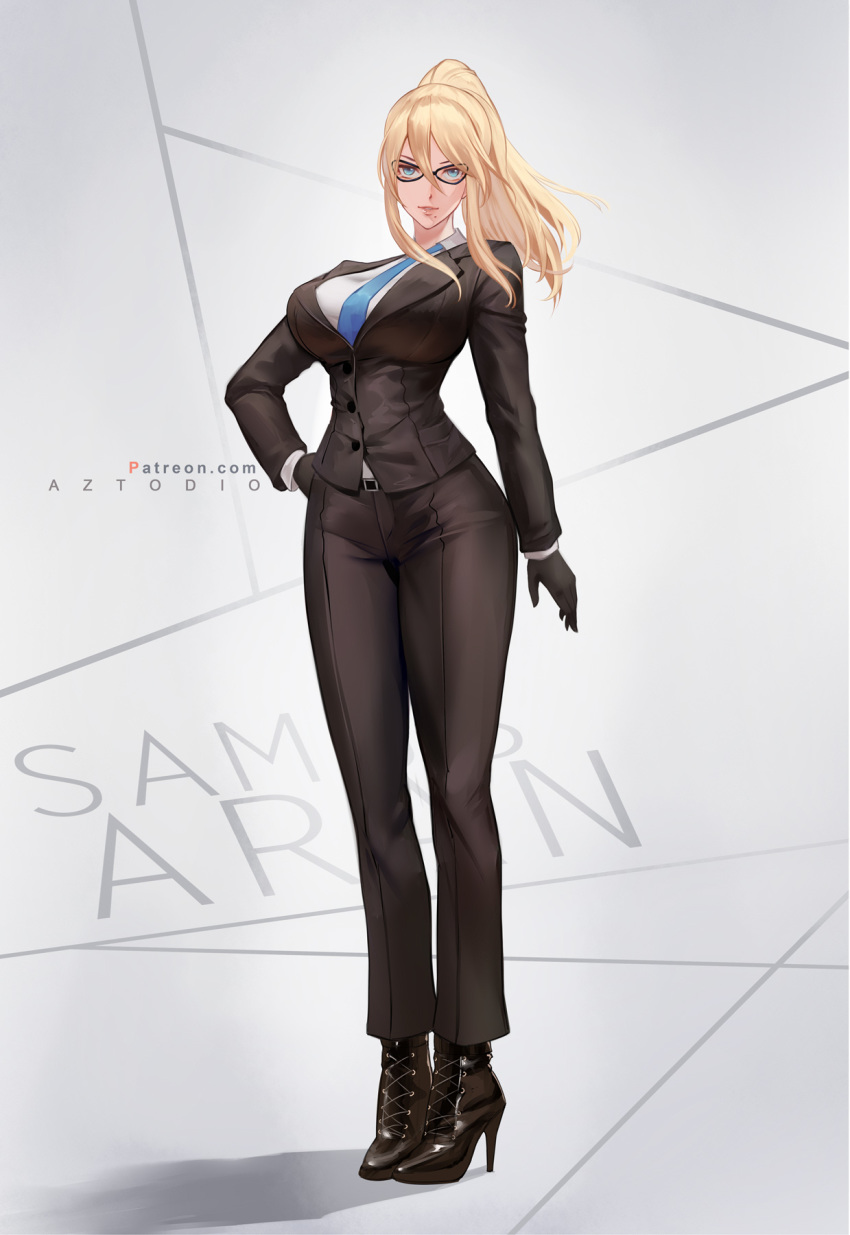 1girl artist_name azto_dio blonde_hair blue_eyes breasts character_name commentary english_commentary formal full_body glasses gloves hair_between_eyes high_heels highres large_breasts long_hair long_sleeves looking_at_viewer metroid mole mole_under_mouth patreon_username ponytail samus_aran solo standing suit watermark