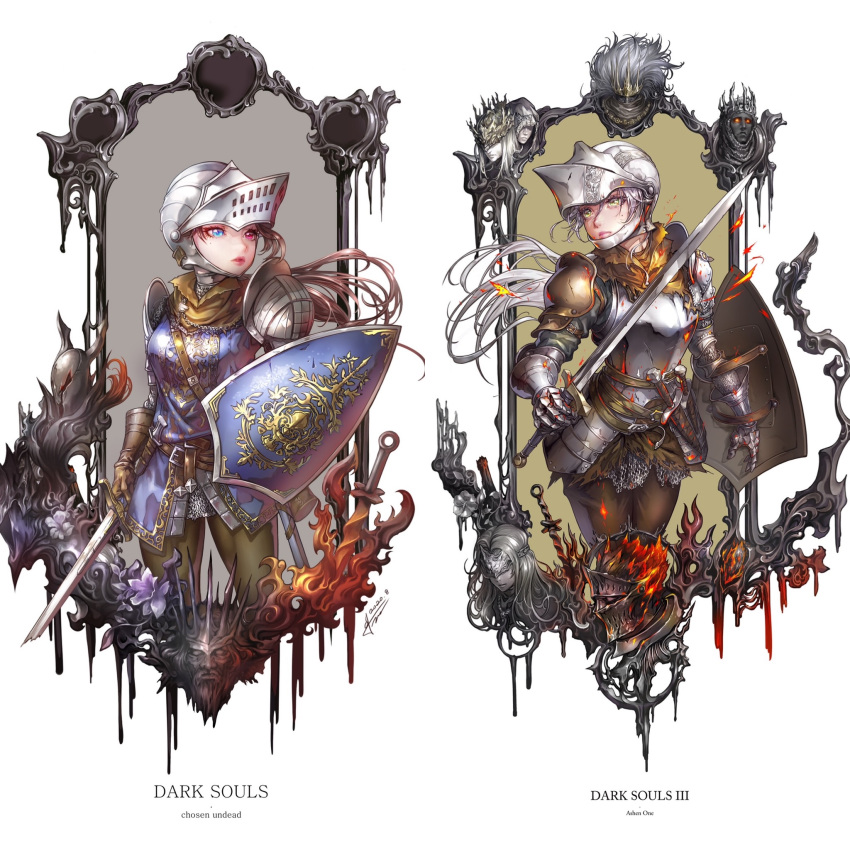 2girls arm_at_side armor artorias_the_abysswalker belt black_knight_(dark_souls) blonde_hair blue_eyes breastplate breasts broken broken_sword broken_weapon brown_gloves brown_hair brown_pants character_name chosen_undead commentary copyright_name cowboy_shot cropped_legs dark_souls dark_souls_iii dated embers eye_mask fire fire_keeper floating_hair flower full_armor gauntlets gloves glowing glowing_eyes greaves green_eyes grey_hair gwyn_lord_of_cinder helm helmet heterochromia highres holding holding_shield holding_sword holding_weapon hood hood_up jay_b_lee knight lips long_hair looking_at_viewer looking_to_the_side lorian_(elder_prince) lothric_(younger_prince) medium_breasts multiple_girls nameless_king pants pauldrons red_eyes shield shoulder_armor simple_background soul_of_cinder souls_(from_software) standing sword weapon weapon_request white_background yhorm_the_giant