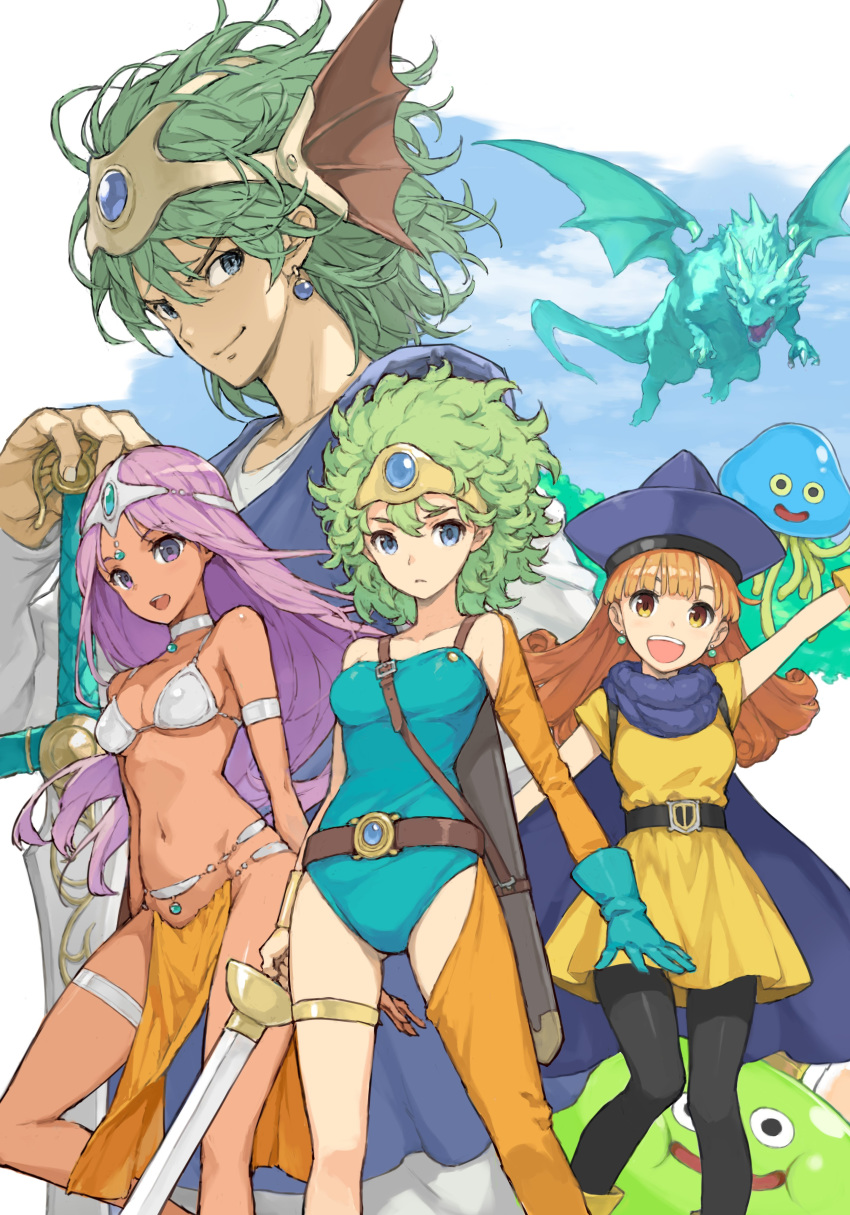 1boy 3girls :d absurdres alena_(dq4) armlet asymmetrical_legwear asymmetrical_sleeves bangs belly_chain belt black_belt black_legwear blue_cape blue_eyes blue_headwear blue_leotard blue_sky blue_tunic boots breasts brown_headwear cape closed_mouth clouds cloudy_sky commentary curly_hair dark_skin dragon dragon_quest dragon_quest_iv dress earrings green_hair grey_choker grey_headwear headgear hero_(dq4) heroine_(dq4) highres hoimi_slime jewelry leg_up leotard light_frown long_hair long_sleeves looking_at_viewer medium_breasts messy_hair minea morisawa_haruyuki multiple_girls navel open_mouth orange_eyes orange_hair orange_legwear orange_sleeves pantyhose pelvic_curtain purple_hair short_dress short_sleeves single_thighhigh sky smile standing thigh-highs thigh_strap tiara violet_eyes winged_hat yellow_dress yellow_footwear yellow_headwear