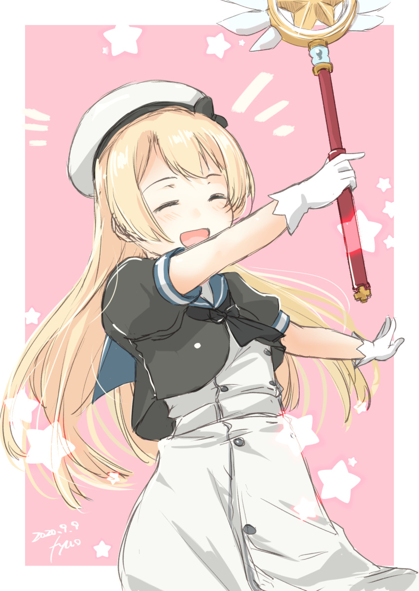 1girl artist_name black_dress blonde_hair blue_sailor_collar blush buttons closed_eyes commentary_request dated dress fyuo gloves hat highres holding holding_wand jervis_(kantai_collection) kantai_collection long_hair open_mouth sailor_collar sailor_dress sailor_hat short_sleeves signature solo star_(symbol) wand white_gloves white_headwear