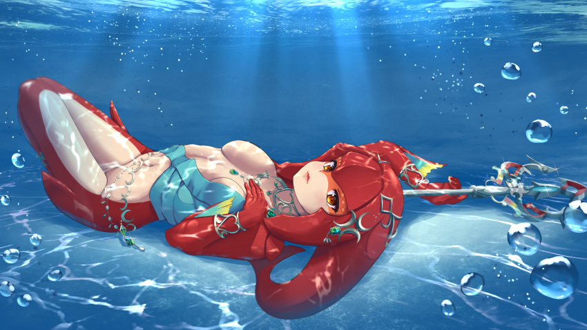 1girl arm_up breasts commentary_request fins fish_girl hair_ornament hand_on_own_chest highres holding holding_spear holding_weapon jewelry knees_up long_hair looking_at_viewer lying mipha monster_girl multicolored multicolored_skin navel no_eyebrows on_back pointy_ears polearm red_skin redhead ruby_suguri solo spear the_legend_of_zelda the_legend_of_zelda:_breath_of_the_wild underwater water weapon yellow_eyes zora