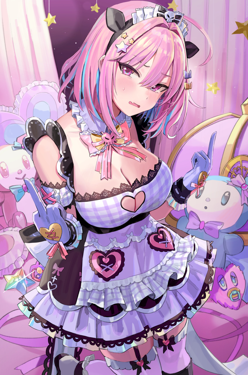 1girl absurdres ahoge bangs blue_hair blush breasts double_middle_finger dress eyebrows_visible_through_hair fang freng gothic_lolita hair_intakes head_tilt highres huge_filesize idolmaster idolmaster_cinderella_girls kneeling large_breasts lolita_fashion looking_at_viewer multicolored_hair open_mouth pink_eyes pink_hair ribbon short_hair solo thigh-highs two-tone_hair yumemi_riamu