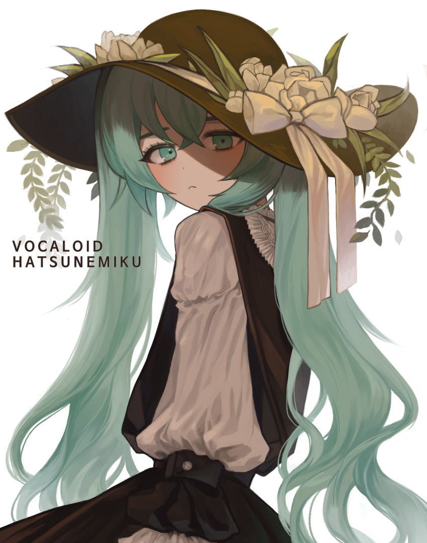 1girl absurdres aqua_eyes aqua_hair bow character_name copyright_name flower frown hat hat_bow hat_flower hatsune_miku highres long_hair long_sleeves looking_at_viewer simple_background solo twintails vocaloid white_background white_bow white_flower xina2538