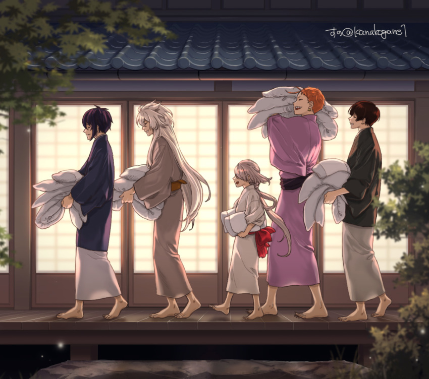 5boys architecture black_hair brown_hair carrying closed_eyes earrings east_asian_architecture futon ima-no-tsurugi ishikirimaru iwatooshi japanese_clothes jewelry kimono kogitsunemaru male_focus mikazuki_munechika multiple_boys open_mouth orange_hair sliding_doors smile sunomata touken_ranbu twitter_username walking white_hair yukata