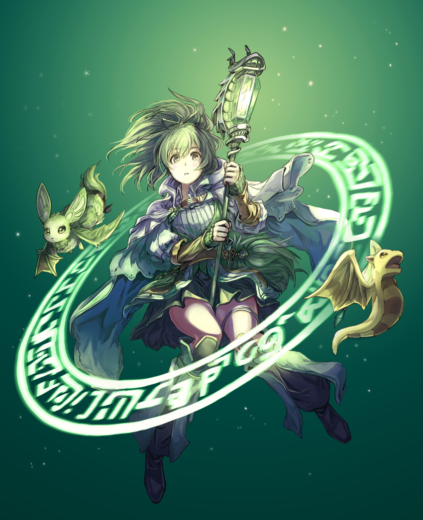 1girl bangs boots cape creature dress duel_monster floating floating_hair full_body glowing_staff green_background green_eyes green_hair hair_between_eyes highres holding holding_staff knee_boots layered_clothing layered_dress light_blush long_hair magic_circle petit_dragon pom_pom_(clothes) ponytail ribbon shouma_(bravespiritya) sleeves_past_wrists staff thigh_strap wings wynn yuu-gi-ou