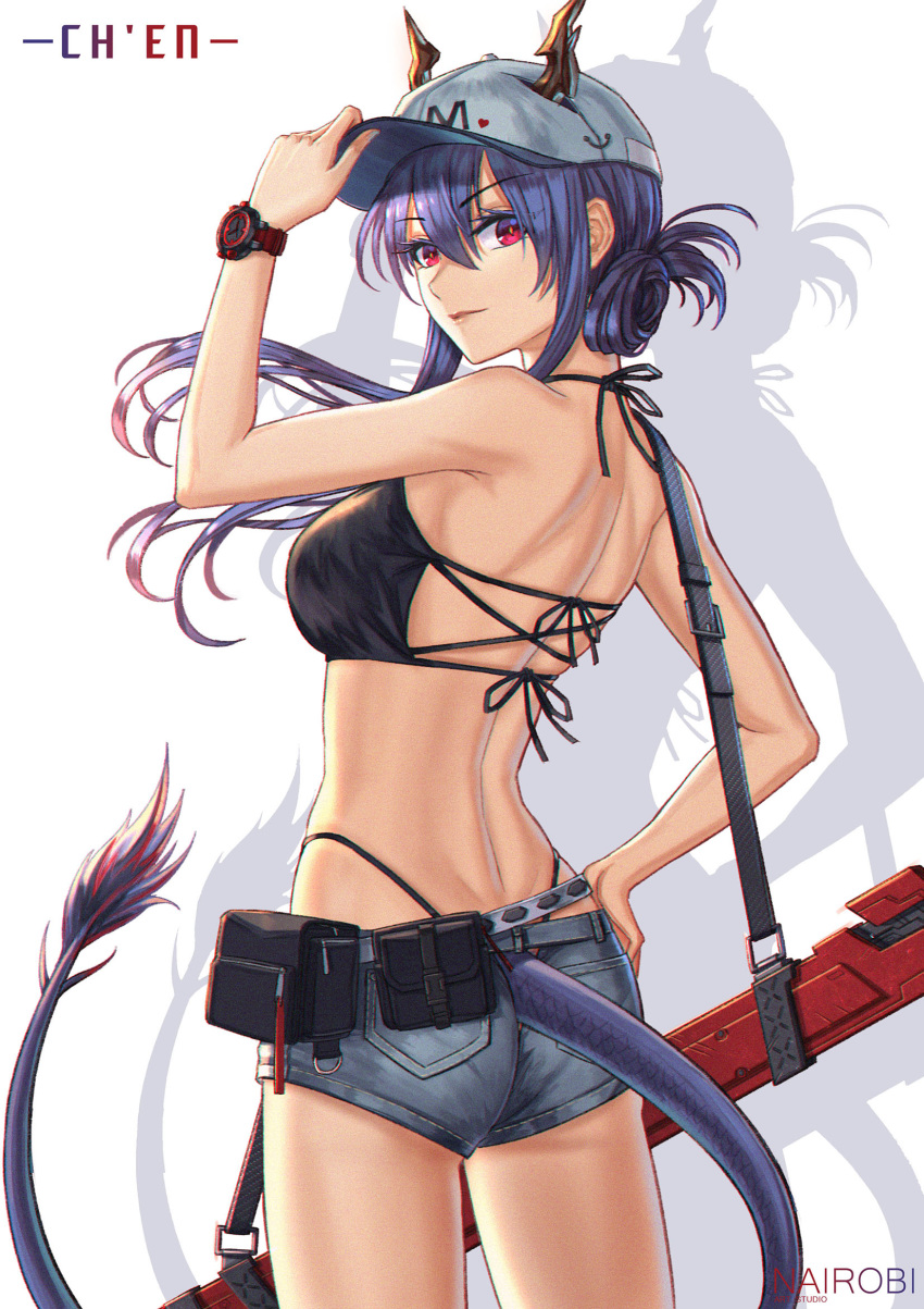 1girl adjusting_clothes adjusting_headwear arknights ass bangs bare_arms bare_shoulders baseball_cap bikini black_bikini blue_hair breasts ch'en_(arknights) character_name chi_xiao_(arknights) commentary cowboy_shot dragon_horns dragon_tail drop_shadow eyebrows_visible_through_hair from_behind grey_shorts hair_between_eyes halterneck hand_up hat highres horns horns_through_headwear long_hair looking_at_viewer looking_back medium_breasts nairobi_song pouch red_eyes short_shorts shorts solo standing swimsuit tail thighs watch watch