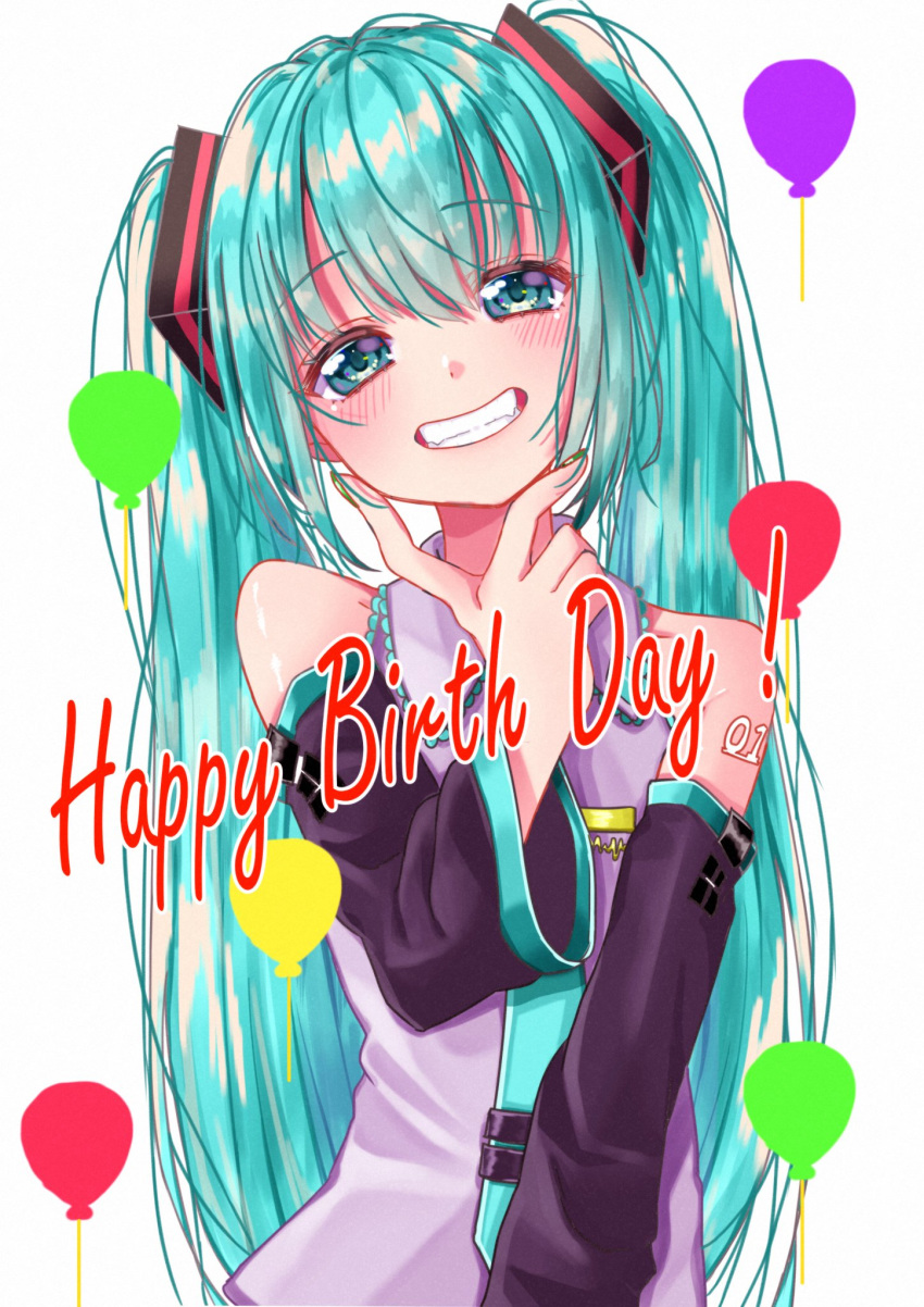 1girl arm_tattoo balloon blue_eyes blue_hair blue_neckwear detached_sleeves fingers_to_chin happy_birthday hatsune_miku highres long_hair looking_at_viewer mendakoyaki necktie smile solo tattoo twintails upper_body vocaloid white_background