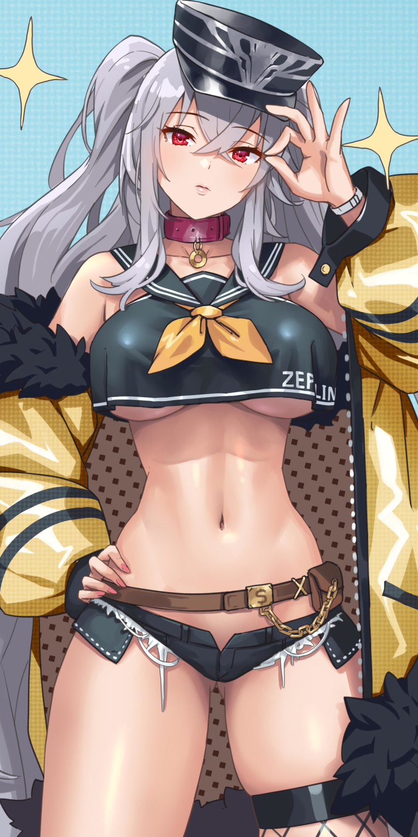 1girl absurdres alternate_costume azur_lane bache_(azur_lane) bache_(azur_lane)_(cosplay) bandaid bandaid_on_knee bangs bare_shoulders belt black_footwear black_headwear black_sailor_collar black_shirt black_shorts bracelet breasts brown_belt character_name closed_mouth collar collarbone commentary_request cosplay crop_top crop_top_overhang cropped crossed_bangs cuboon english_text eyebrows_visible_through_hair fignya fishnet_legwear fishnets full_body fur-trimmed_jacket fur_trim graf_zeppelin_(azur_lane) hair_between_eyes hand_on_hip hand_up hat head_tilt highres jacket jewelry large_breasts long_hair looking_at_viewer micro_shorts money_gesture navel neckerchief off-shoulder_jacket patterned patterned_clothing peaked_cap photoshop_(medium) pink_collar pink_nails pouch red_eyes sailor_collar shirt shorts silver_hair single_thighhigh sleeveless sleeveless_shirt solo sparkle standing thigh-highs two_side_up under_boob very_long_hair yellow_jacket yellow_neckwear zipper